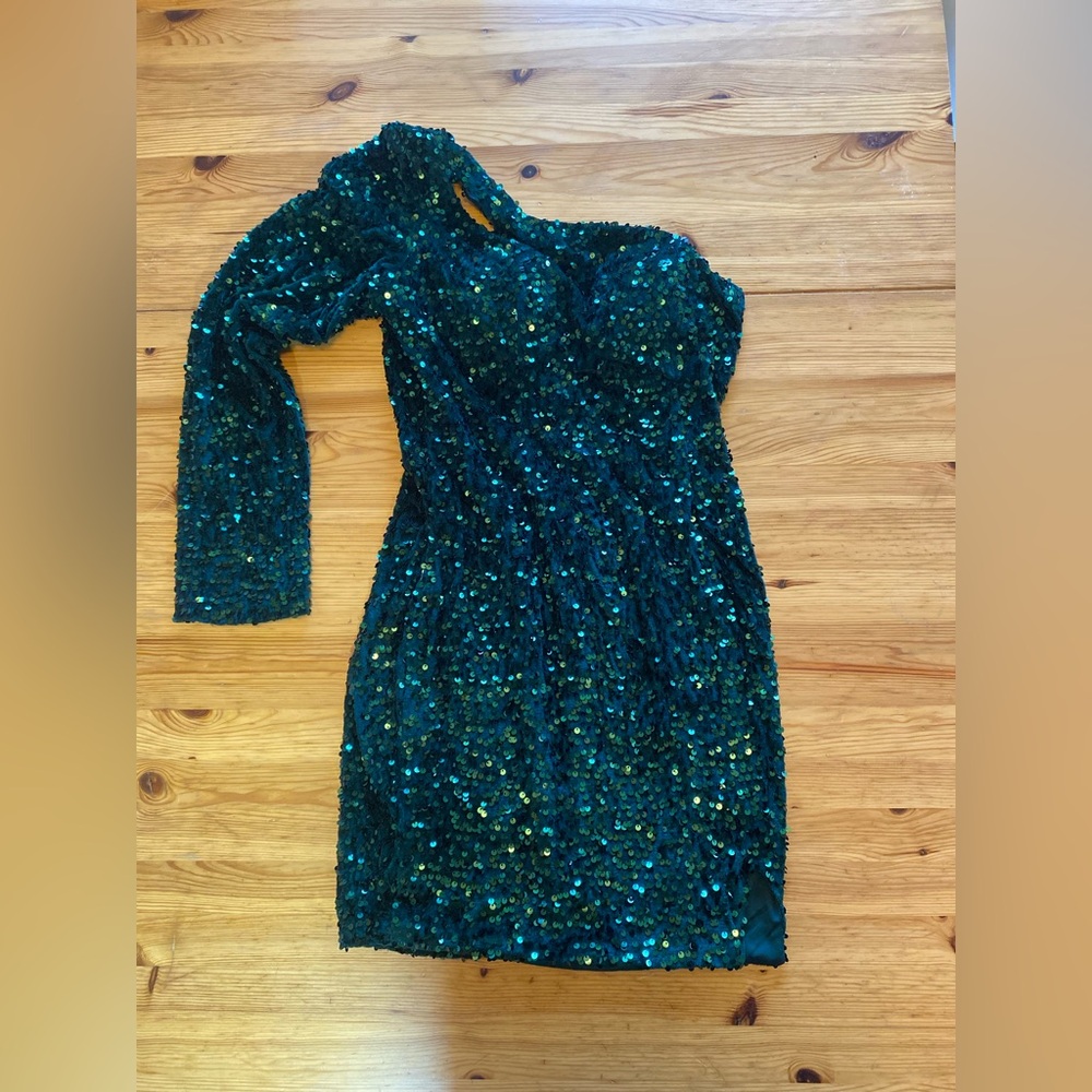 Asymmetrical One-Shoulder Emerald Green Sequin Bodycon Dress Back Cutout Size M - Picture 4 of 6